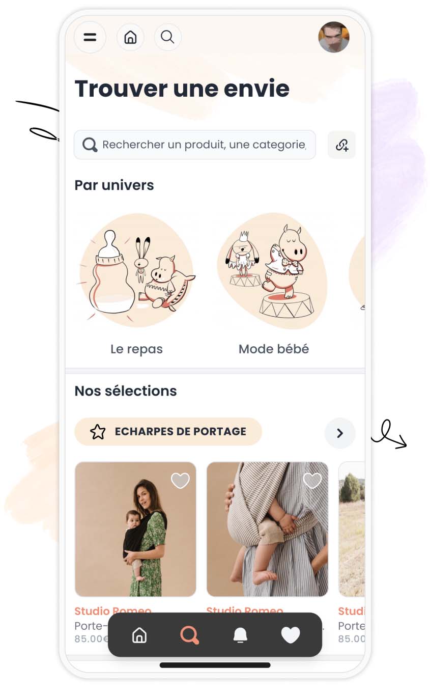 minipouce - rechercher des produits de naissance sur mobile